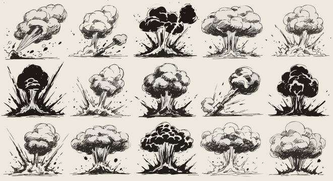 Collection of hand-drawn explosion sketches featuring dynamic mushroom clouds, bomb blasts, bursting smoke plumes, and flying debris in a black and white ink line art style suitable for comic books, s