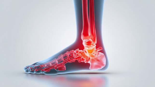Human foot structure with highlighted ankle joint and transparent skin during medical examination
