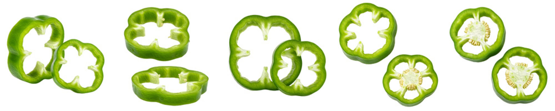 Green Bell Pepper Capsicum Annuum sliced rings isolated on white background, fresh organic vegetable pieces set for culinary design and food photography, healthy ingredient clipart