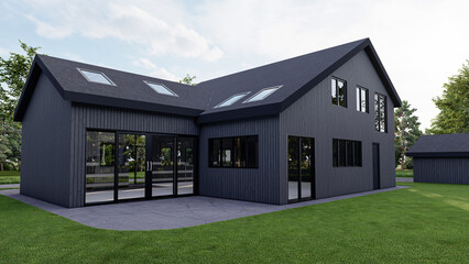 Modern black house architecture with vertical siding and skylights, 3D render of a contemporary barn style home exterior on a green lawn © Ahmad