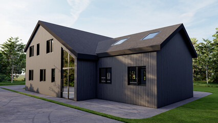 Modern Black Wooden House Architecture 3D Render, Contemporary Residential Home Exterior with Skylights and Large Glass Windows