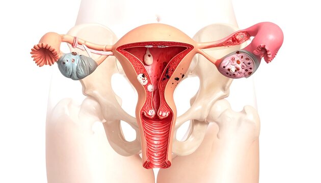 Medical illustration of female reproductive system, focusing on uterus, ovaries, fallopian tubes, and surrounding skeletal structure