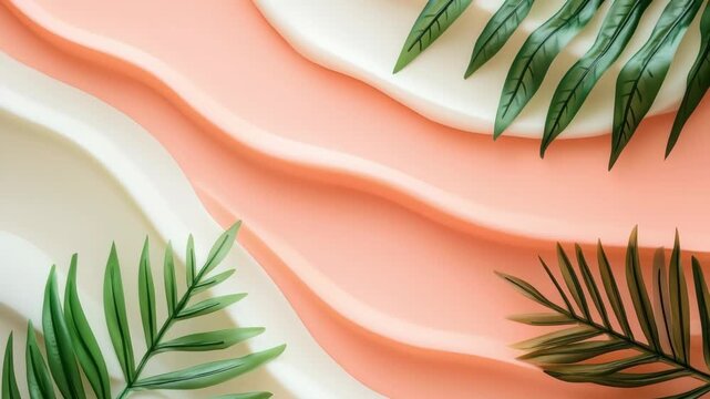Tropical leaves overlapping on pastel waves creating a fresh wavelike rhythm
