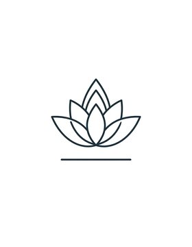 Minimalist line art of a lotus flower with layered petals, centered on a white background, and a subtle line beneath