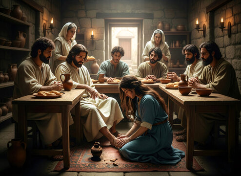 Biblical event of Mary anointing Jesus feet in Bethany, showing extravagant love and worshipful sacrifice