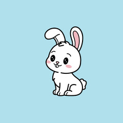 Obraz premium Cute Cartoon Grey Rabbit Illustration on Blue Background, Adorable Sitting Baby Bunny with Large Ears and Pink Cheeks.
