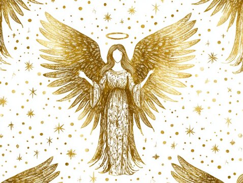Gentle watercolor Christmas angels with subtle gold accents glide softly on a tranquil white background, producing an airy, seamless, and elegant holiday design