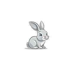 Fototapeta premium Cute Cartoon Grey Rabbit Illustration on Blue Background, Adorable Sitting Baby Bunny with Large Ears and Pink Cheeks.