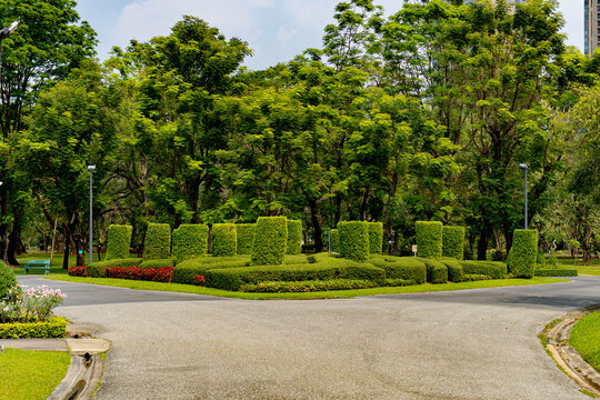 Scenic wide shot of a beautifully landscaped urban park with manicured topiaries and paved pathways.