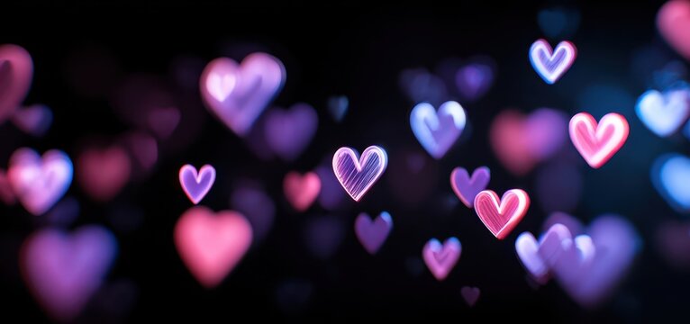 Colorful glowing neon hearts floating on a dark blurred background creating a dreamy romantic bokeh effect.