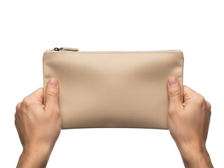 Obraz premium A pair of hands holding a beige cloth pouch with a drawstring closure isolated on transparent background