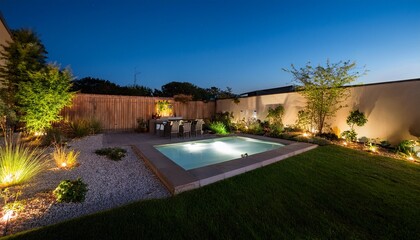 Fototapeta premium modern backyard garden with lighting at night
