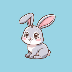 Obraz premium Cute Cartoon Grey Rabbit Illustration on Blue Background, Adorable Sitting Baby Bunny with Large Ears and Pink Cheeks.