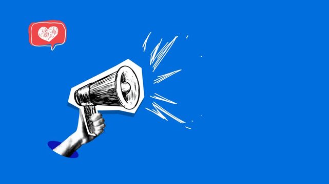 Hand holding and waving megaphone. Advertising concept. Sale announcement. Marketing and communication. Promotion on social networks. Halftone collage animation
