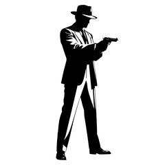 A high-contrast black and white vector-style silhouette of a man wearing a vintage suit and fedora hat, aiming a pistol