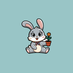 Obraz premium Cute Cartoon Grey Rabbit Illustration on Blue Background, Adorable Sitting Baby Bunny with Large Ears and Pink Cheeks.