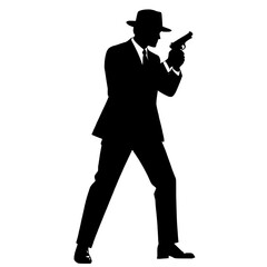 Silhouette of a Secret Agent in a Suit and Fedora Holding a Pistol in Tactical Pose