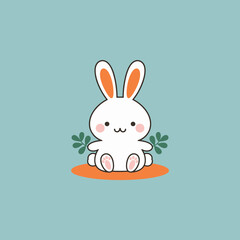 Obraz premium Cute Cartoon Grey Rabbit Illustration on Blue Background, Adorable Sitting Baby Bunny with Large Ears and Pink Cheeks.