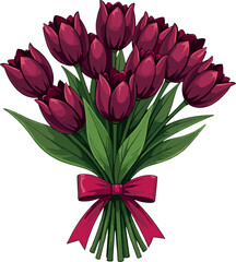 Luxurious dark purple tulip bouquet with bow, elegant spring floral composition isolated on light background