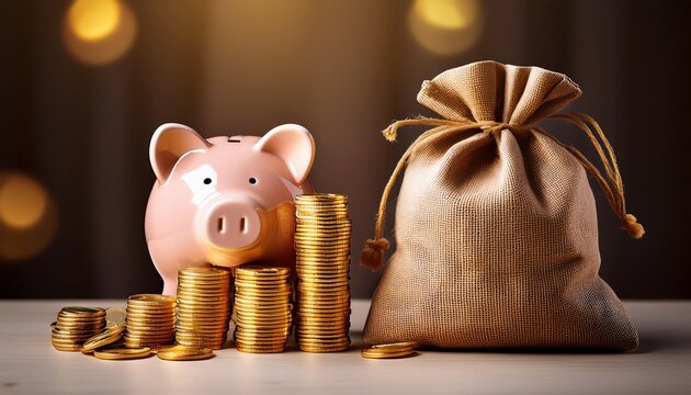 the piggy bank beside a burlap money bag and stacks of gold coins