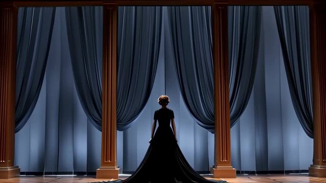 A silhouette of a woman in an elegant black gown stands before dramatic blue curtains on stage