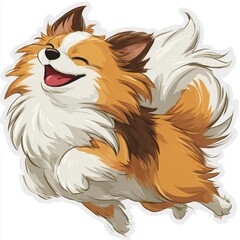 A happy, playful chibi dog with a bright expression, wagging its tail energetically against a pristine white backdrop