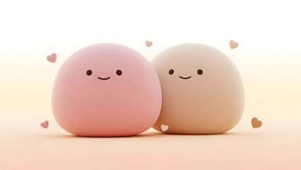 Fototapeta premium Peachy Partners: Pink and Beige Buddies in a Cozy Embrace Soft Hugs: Two Cute Round Friends with Hearts Warm Glow Duo: Pink and Beige Companions in Love