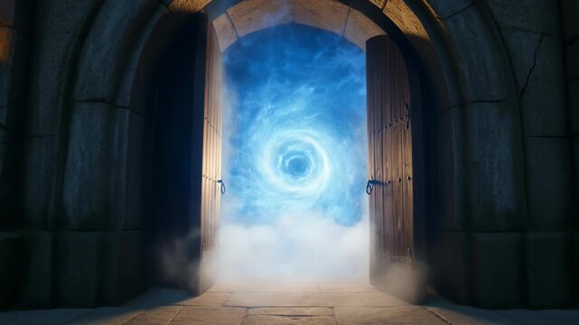 Push-in shot of old castle door opening, revealing a swirling blue wormhole.
