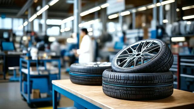 Tire workshop scene, wheel service facility, automotive tire maintenance environment, garage tire work area, with copy space
