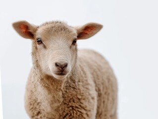 Fototapeta premium Adorable sheep looking curiously at the camera. This cute animal has fluffy wool and soft features. Perfect for farm-themed projects or animal lovers. Capture the essence of nature. AI