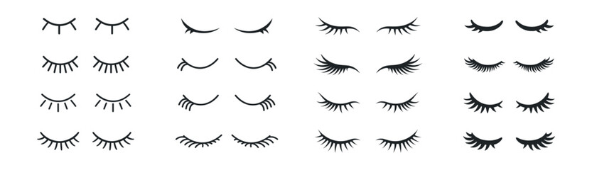 Eyelashes closed eyes vector set, cute girl eye icon for character illustration, cartoon lashes with mascara, woman makeup, sleeping beauty and unicorn style isolated on transparent background