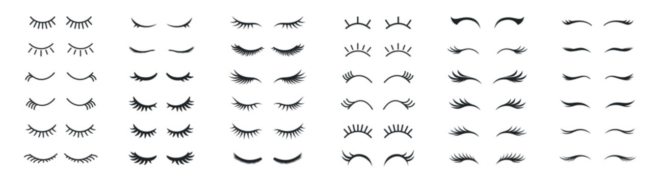 Closed eyelashes set, cute eye lashes icons collection, beauty makeup mascara vector illustration isolated on transparent background