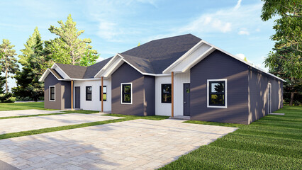Obraz premium Modern Duplex House Exterior 3D Render with Contemporary Siding and Paved Driveway