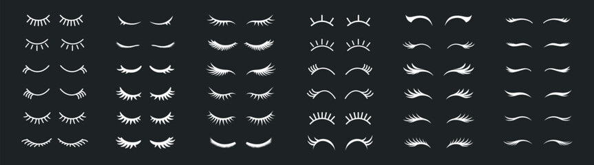 Fototapeta premium Closed eyelash vector set, beauty makeup eye lashes collection, feminine line and silhouette icons for cosmetic design isolated on black background