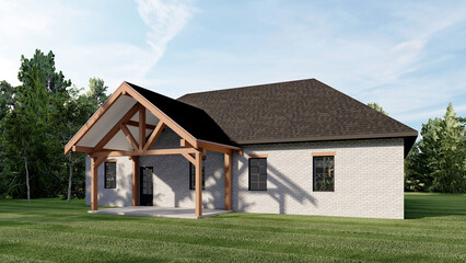 Obraz premium Modern farmhouse residential exterior 3D render with wooden timber truss porch, white brick facade, and green lawn landscape