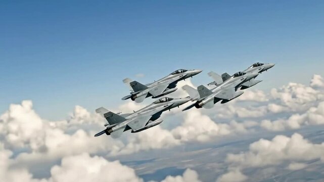 F 16 fighter jets flying in formation high in the blue sky above the clouds