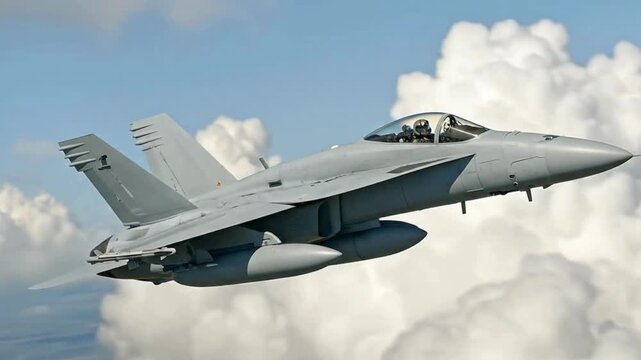 F-16 fighter jet flying fast through the cloudy sky during a military flight mission