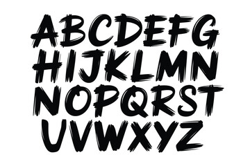 A stylized alphabet display with bold black brush script letters on white