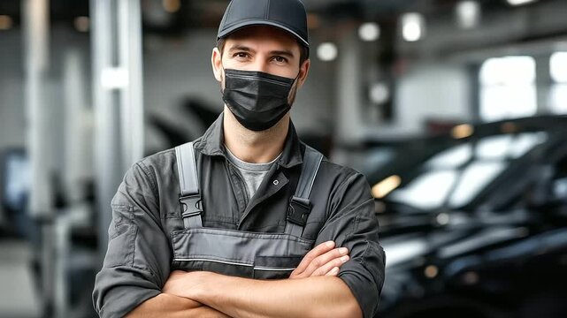 Faceless portrait of professional worker, automotive technician, vehicle service specialist, garage professional scene, with copy space