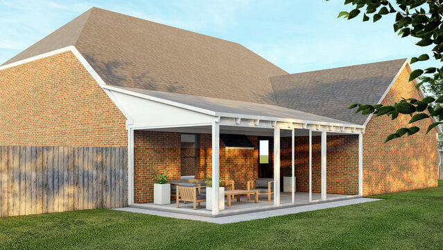 Modern Patio Extension with Glass Enclosure and Outdoor Seating on Brick House Backyard, 3D Render