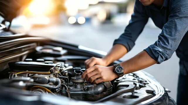 Faceless mechanic changing engine, automotive power unit replacement, major vehicle repair, engine swap work, with copy space