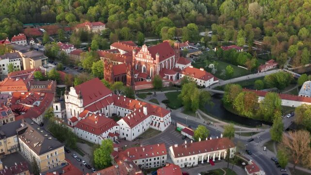 Drone view of historic Vilnius &ndash; St. Anne&rsquo;s Church and the Bernardine Church complex with the Old Town skyline, Lithuania.
