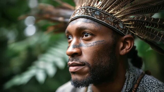 Faceless contemplative indigenous person in traditional feather headdress with face paint amidst lush forest, cultural heritage scene, with copy space