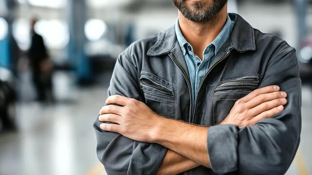 Faceless portrait of professional worker, automotive technician, vehicle service specialist, garage professional scene, with copy space