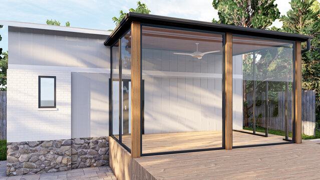 3D render of a modern house extension featuring a glass-enclosed patio and wooden deck