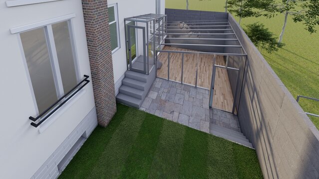 3D render of a modern house exterior with glass sunroom addition and backyard landscaping