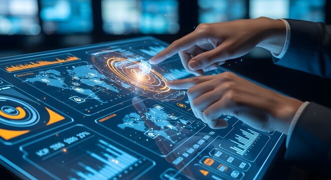 Business hands controlling futuristic digital interface with glowing data charts and graphs