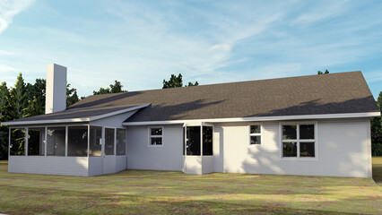 Modern Single-Story Residential Home Exterior with Screened Porch and White Brick Siding - 3D Render