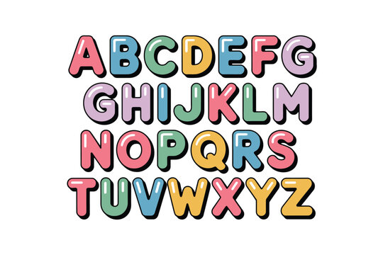 Colorful bubbly alphabet letters spelling the complete English language set.