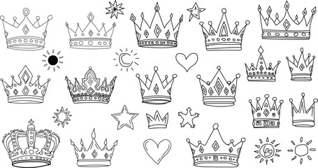 Hand drawn crown collection set, doodle royal tiara and king queen crowns, sketch outline icons with stars and hearts isolated on white background © Bulbul